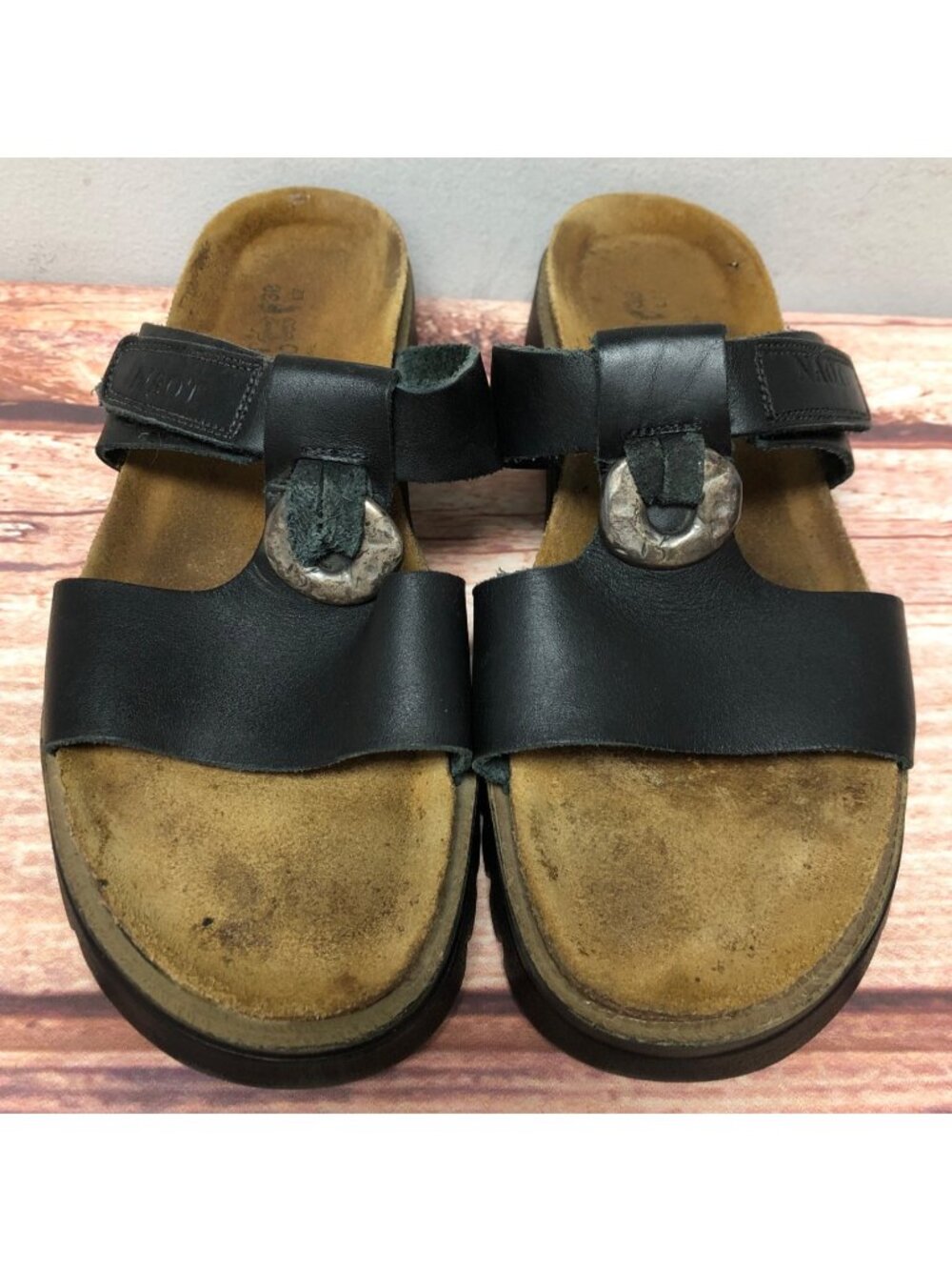 NAOT Womens 38 / 7 Black Leather Slide Sandals